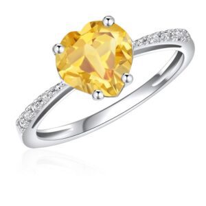 10K White Gold Heart Shape Solitaire Ring with Citrine And Diamonds