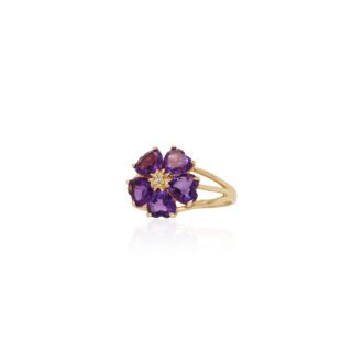 Amethyst Hearts And Diamond Ring In 14K Yellow Gold