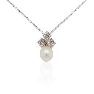 Pearl And Diamond Pendant On Chain Necklace In 14K White Gold
